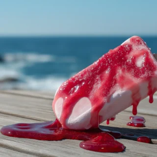 Eis mit Himbeersoße schmilzt in der Sonne vor einem Meereshintergrund